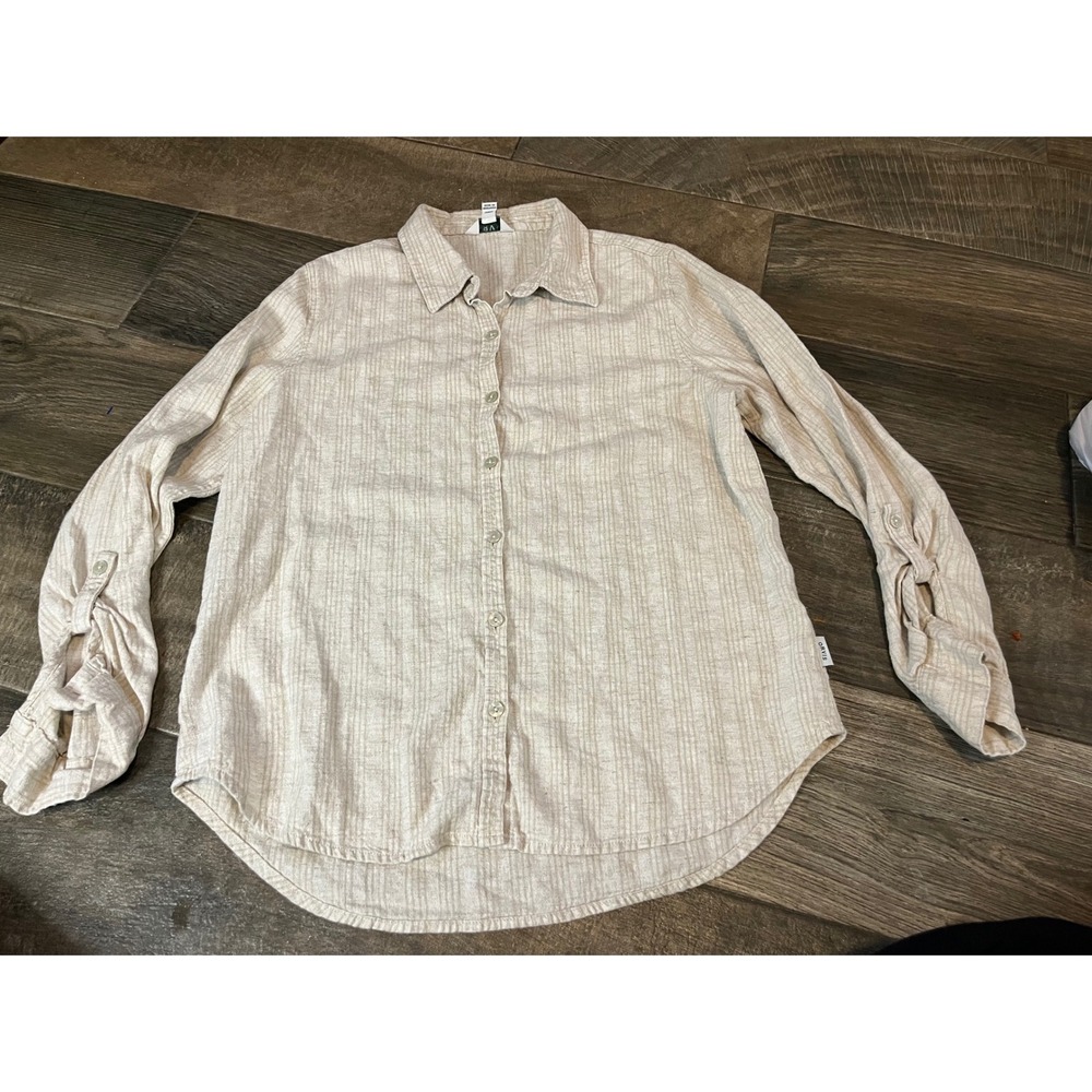 Orvis Womens Linen Blend Button Down Shirt Beige Striped Long Sleeve Size M